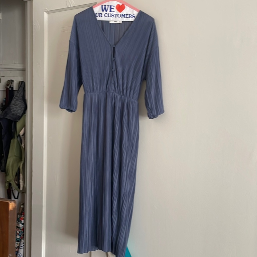 Mango plisse soft knit blue midi dress for date night or office